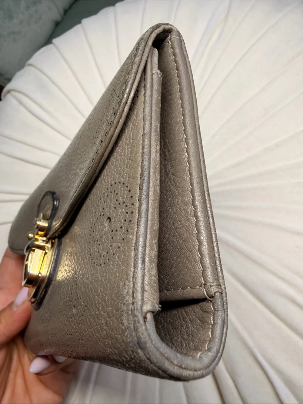 Louis Vuitton Taupe Perforated Monogram Leather Clutch with Gold Lock
